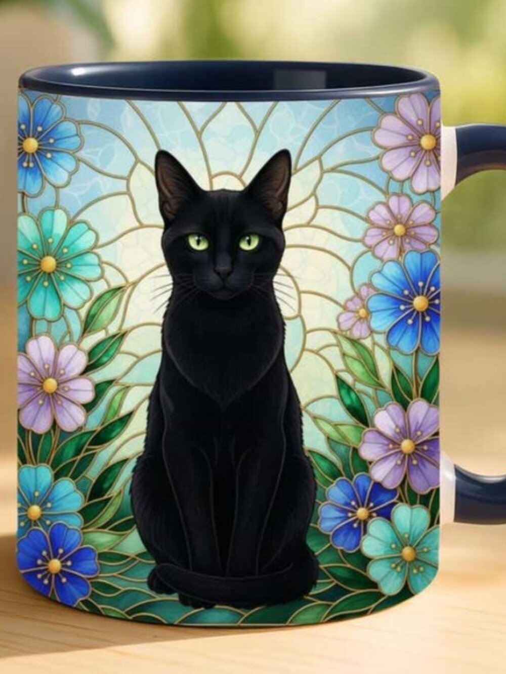 Black Cat Ceramic Mug Gift For Cat Lover, Faux Stained Glass Coffee Cup Cat Peop